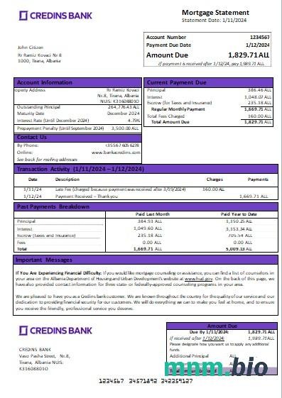 Albania Bank Credins wyciąg z kredytu hipotecznego szablon Word i PDF